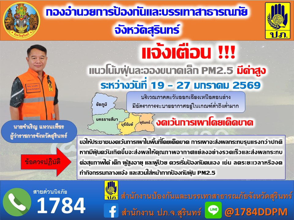 จังหวัดสุรินทร์ออกประกาศห้ามเผาเด็ดขาด รับมือฝุ่น PM2.5 ช่วง 19&ndash;27 ม.ค.นี้