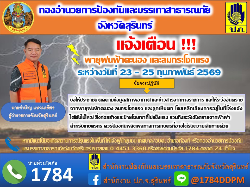 กองอำนวยการป้องกันและบรรเทาสาธารณภัย จ.สุรินทร์ แจ้งเตือนเฝ้าระวังพายุฝนฟ้าคะนอง ลมกระโชกแรง และลูกเห็บตก 23&ndash;25 ก.พ. 69