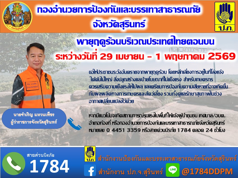 จังหวัดสุรินทร์เตือนประชาชนรับมือพายุฤดูร้อน ช่วง 29 เม.ย. &ndash; 1 พ.ค. 2569