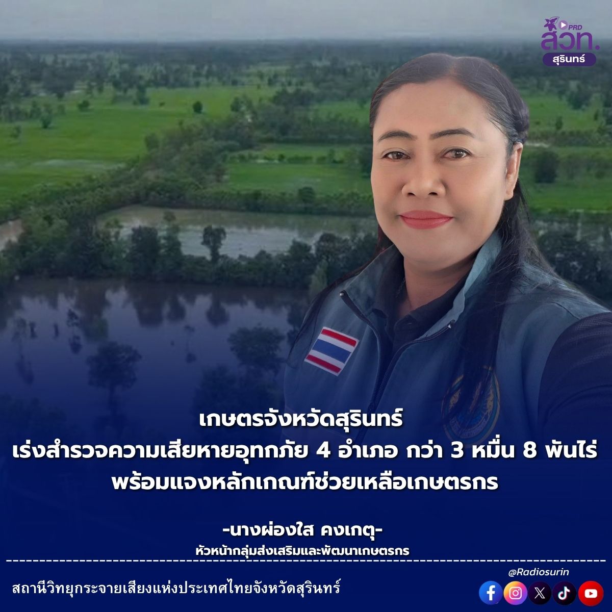 เกษตรจังหวัดสุรินทร์ เร่งสำรวจความเสียหายอุทกภัย 4 อำเภอ กว่า 3 หมื่น 8 พันไร่ พร้อมแจงหลักเกณฑ์ช่วยเหลือเกษตรกร
